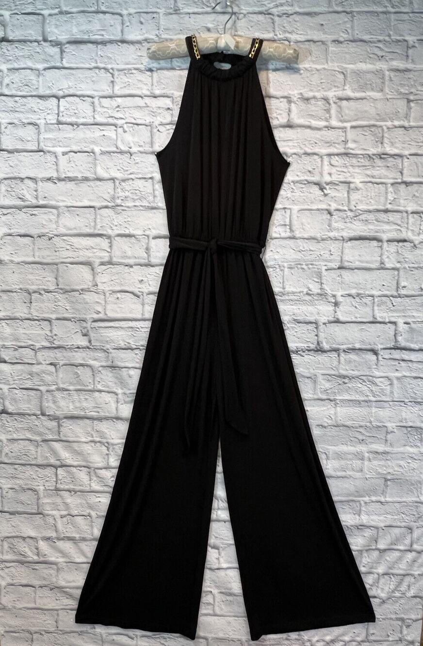 Jennifer Lopez Jumpsuit Black Halter Wide Leg Gold Chain Bling Sz S A592